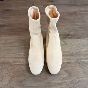 Stuart Weitzman Beige Suede Sock‎ Low Block Heel Ankle Boots Womens Size 8.5
